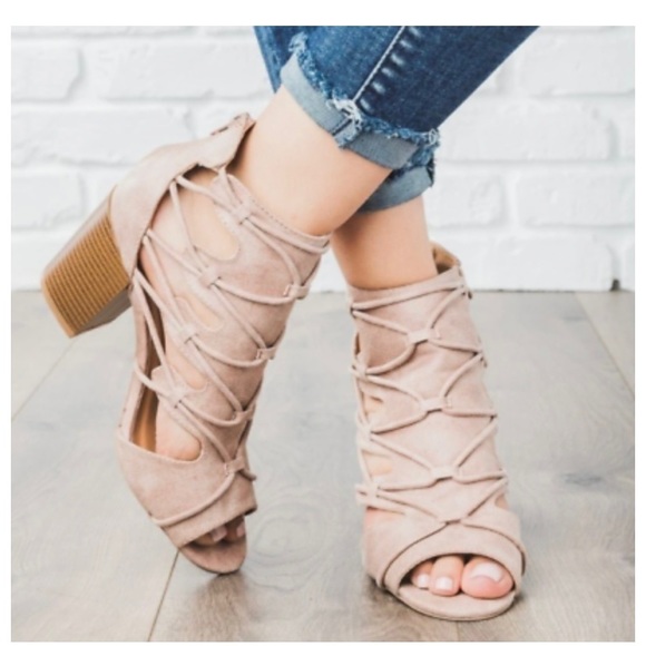 Qupid Clyde Cut Out Strappy Blush Pink Peep Toe Block Heel Booties - Picture 6 of 12